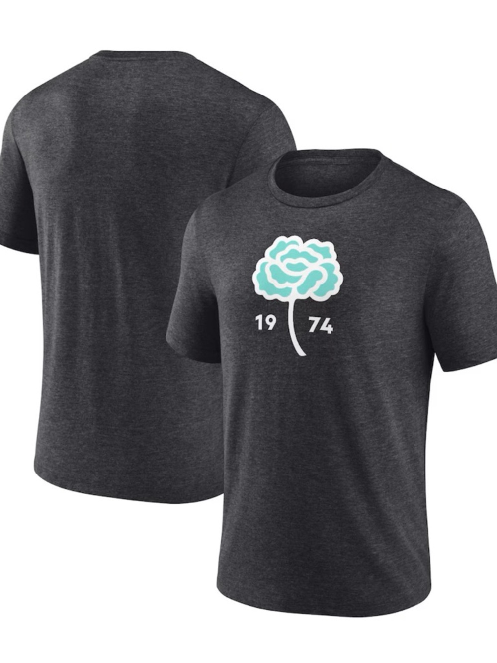 Mens Seattle Sounders 1974 Heather Charcoal Graphic Tee with Mint Floral Logo